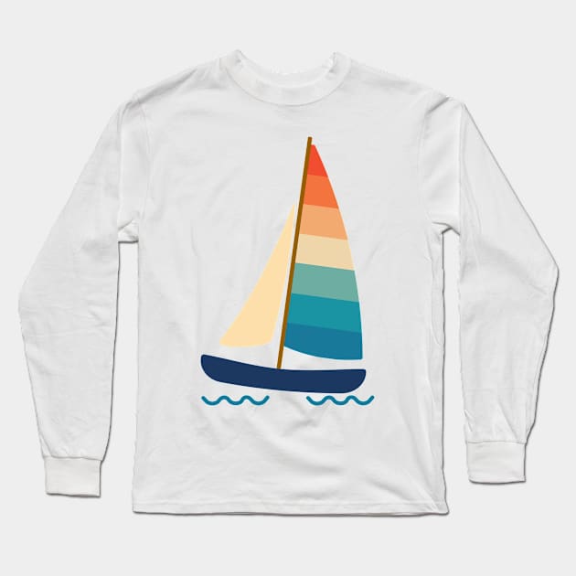 Beach Catamaran sailboat in summer. Retro 70s and 80s color style on white background. Long Sleeve T-Shirt by Nalidsa